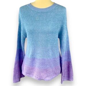 Blue Gradient Crew Neck Bell Sleeves Textured Knit Sweater -NEW